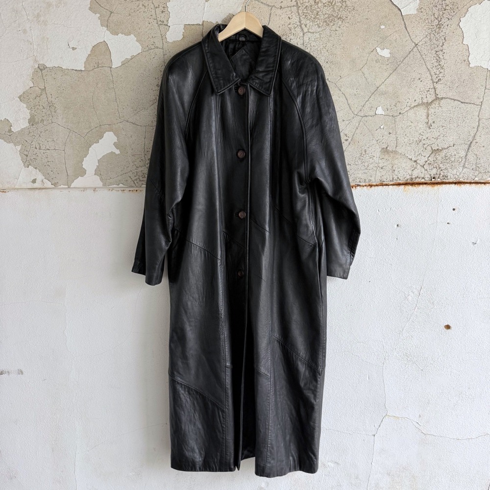 Vintage 90s Leather Trench Coat Maxi Long Jacket Women XL Black Button Front